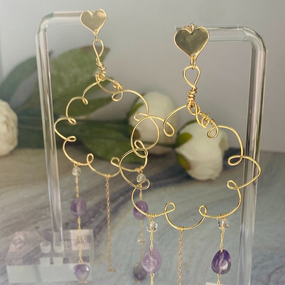 Rain cloud earrings- Drop hoops earrings-14k gold dangle earrings